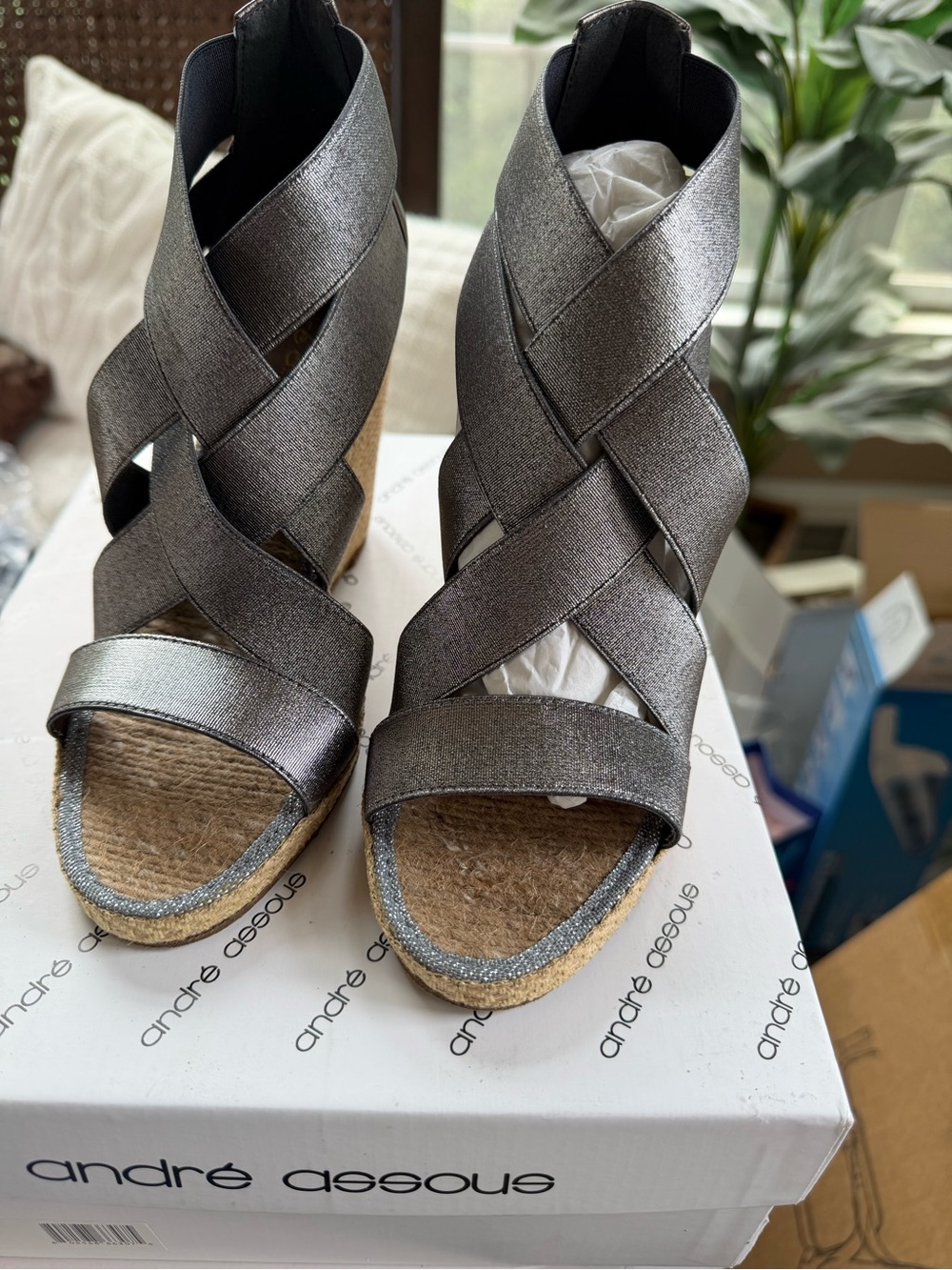 Andre Assous Metallic Silver Crisscross Wedge Sandals